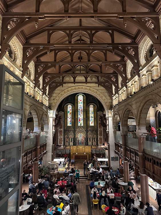 View of the food hall inside a converted church at Mercato Mayfair in Mayfair, London.