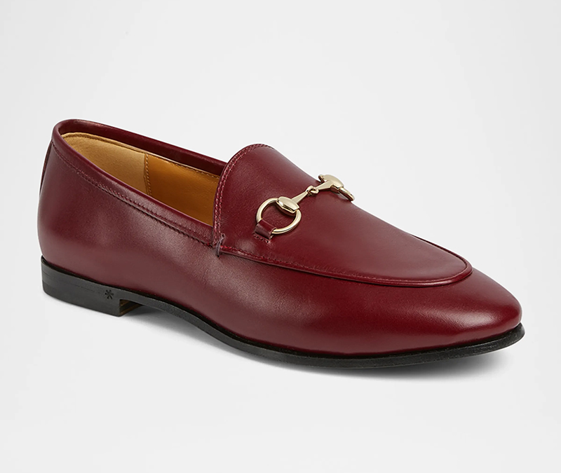 Women's burgundy leather Gucci loafers.