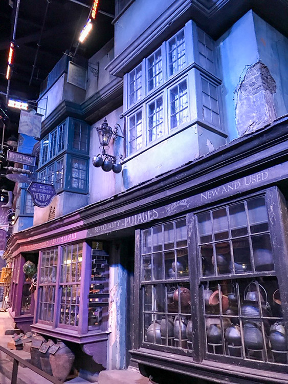 A street set at the Harry Potter Studio Tour, London, England.