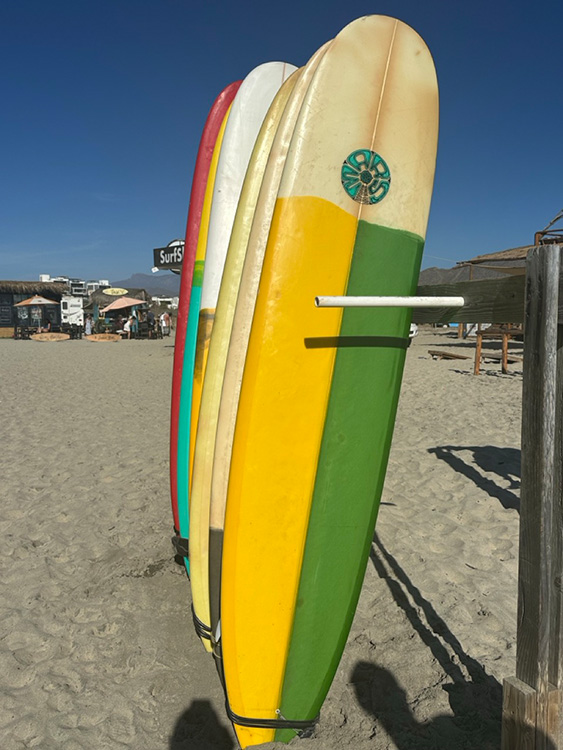 Colorful surfboards at Los Cerritos Beach, Mexico.