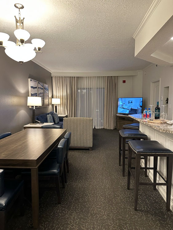 Living and dining space in a villa at the Caribe Royale Orlando, Florida.