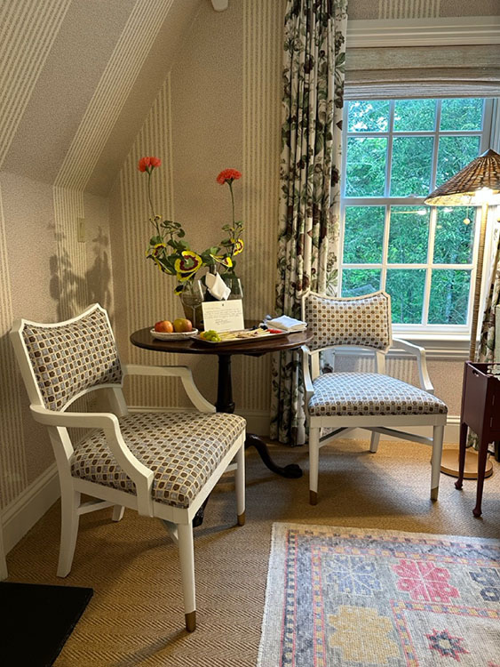 Welcome amenities in the sitting area of a suite at the Mayflower Inn, Washington, CT.