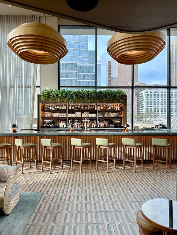 Mid-century styling in the bar of the Beaudry Room at the Conrad Los Angeles hotel, California.