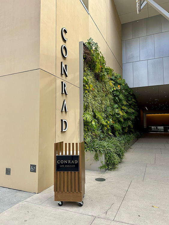 The hotel entrance at the Conrad Los Angeles hotel, California.