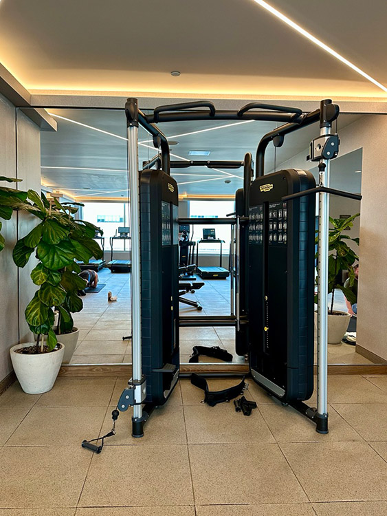 Weight training equipment in the gym at the Conrad Los Angeles hotel, California.