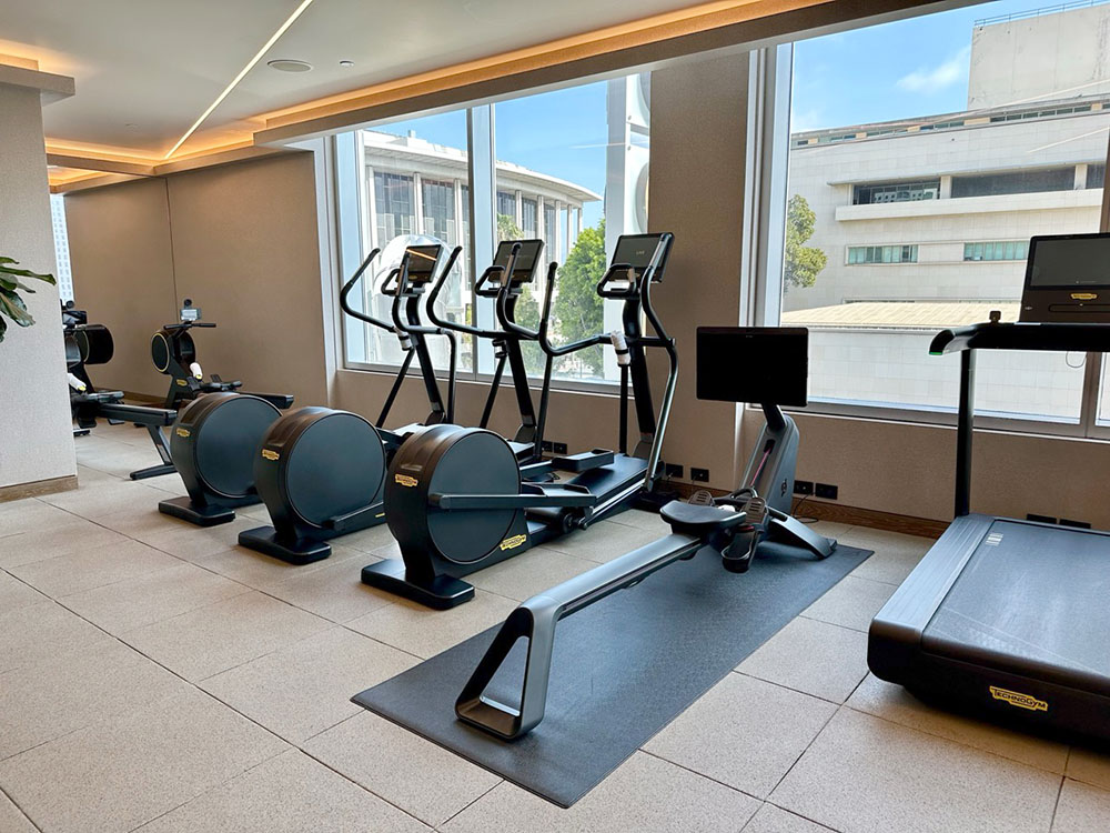 Cardio equipment in the gym at the Conrad Los Angeles hotel, California.