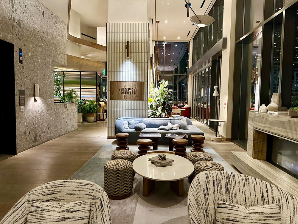 Elegant seating area in the lobby at the Conrad Los Angeles hotel, California.