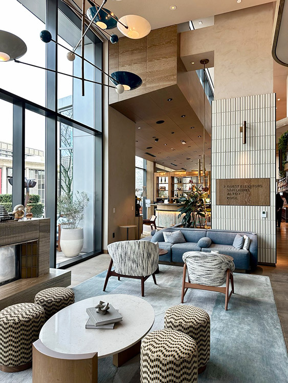 Seating in the Lobby at the Conrad Los Angeles hotel, California.