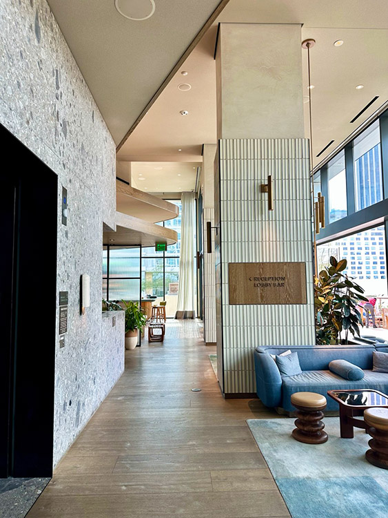 The lobby at the Conrad Los Angeles hotel, California.