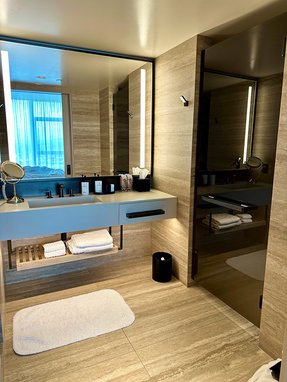 The bathroom in a suite at the Conrad Los Angeles hotel, California.