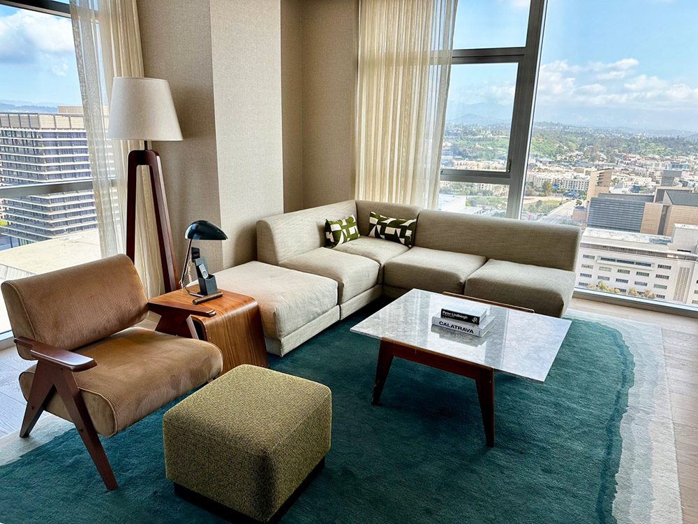 The living room in a suite at the Conrad Los Angeles hotel, California.