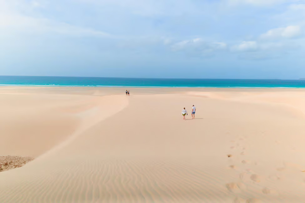 A long, golden sandy beach in Cape Verde.