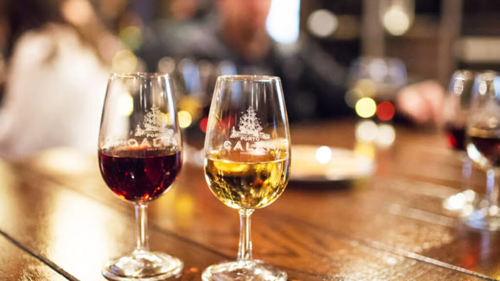 Glasses of port wine in Porto, Portugal.