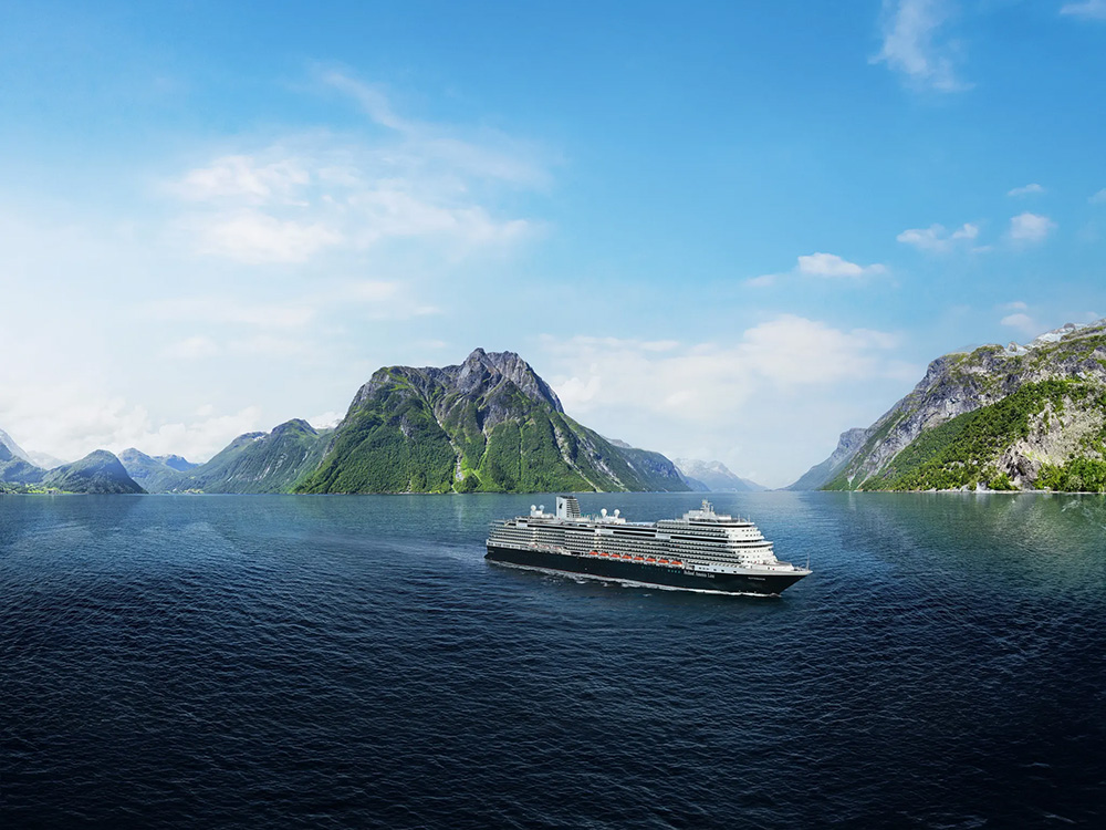 The Holland America Line MS Rotterdam sailing through the Norwegian Fjords.