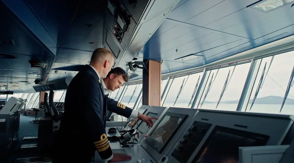 Visiting the bridge during a Behind the Scenes tour of the Holland America Line MS Rotterdam.