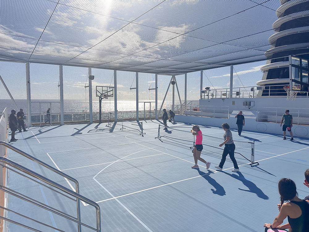 The enclosed pickleball court on board the Holland America Line MS Rotterdam.