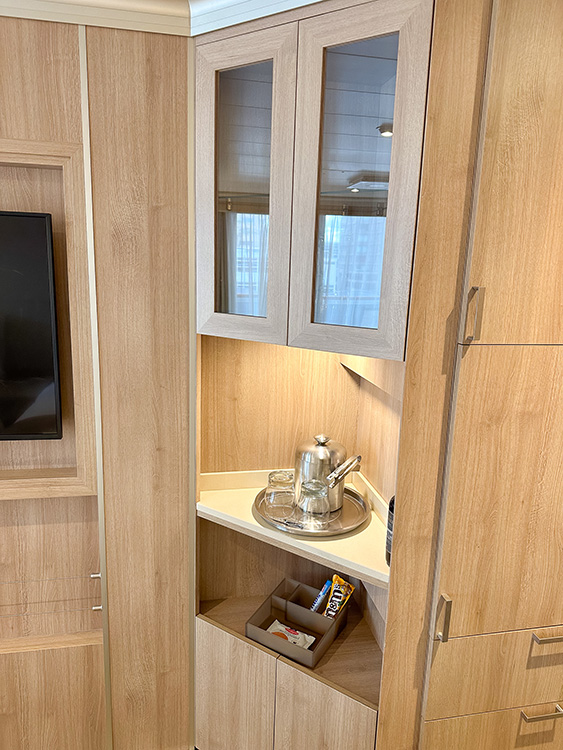 The minibar area in a Verandah Stateroom on board the Holland America Line MS Rotterdam.