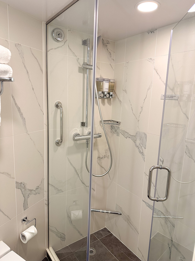 The powerful walk-in shower in a Verandah Stateroom on board the Holland America Line MS Rotterdam.