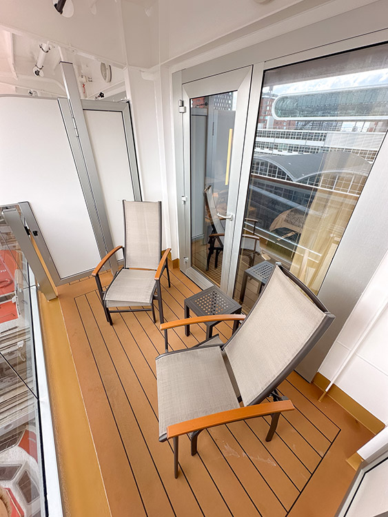 The balcony outside a Verandah Stateroom on board the Holland America Line MS Rotterdam.