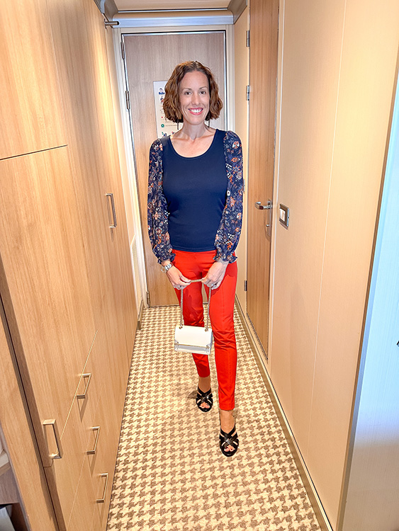 Ashley Wali dressed for the Orange Party on board the Holland America Line MS Rotterdam.