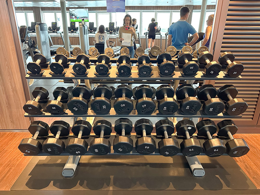 A full stand of free weights in the gym on board the Holland America Line MS Rotterdam.