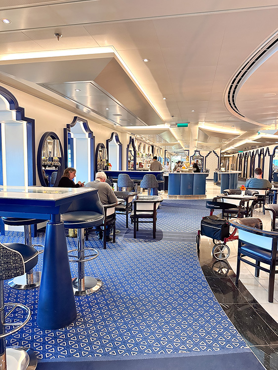 Traditional blue and white decor in the Dutch Cafe on board the MS Rotterdam, a Holland America Line cruise ship.