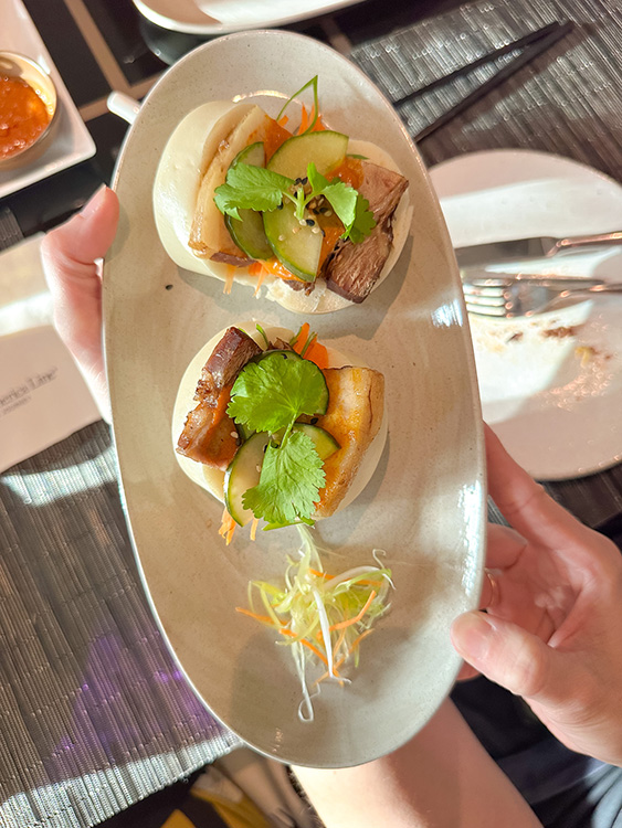 Pork bao buns served at the Tamarind restaurant on board the MS Rotterdam, a Holland America Line cruise liner.