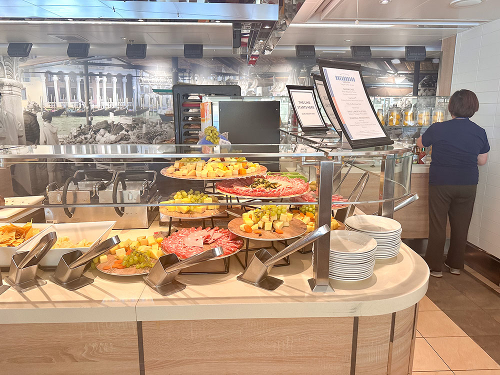 Self-service buffet in the Lido Deck Buffet on board Holland America Line's Rotterdam cruise ship.