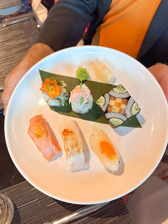 An elegant plate of sushi at Morimoto by Sea, a restaurant on board the MS Rotterdam, a Holland America Line cruise liner.
