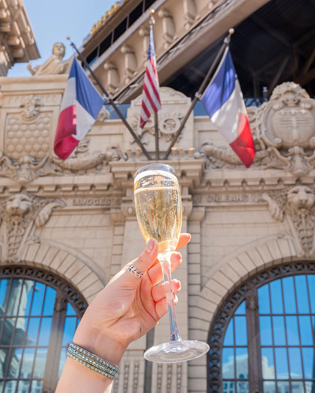 A glass of champagne outside Mon Ami Gabi, Las Vegas.