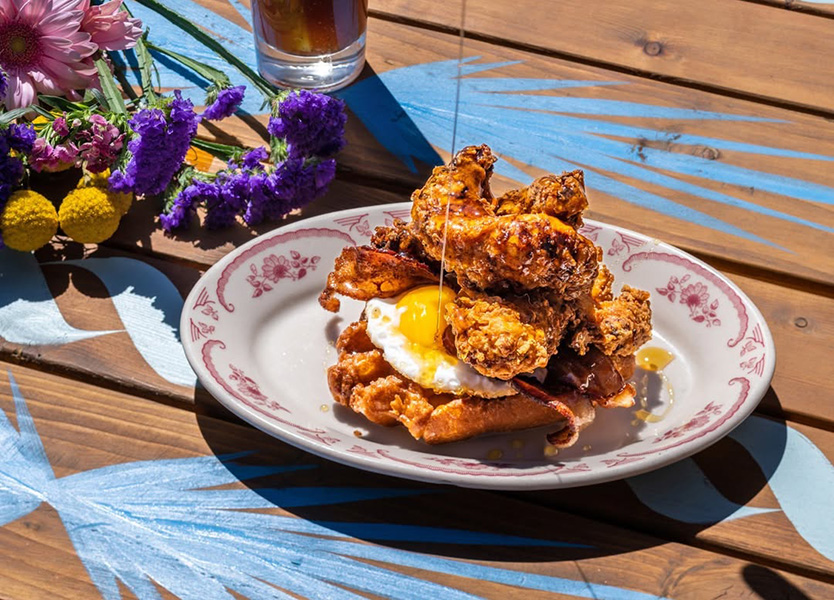 Chicken and waffles with a fried egg served for brunch at Park on Fremont, Las Vegas.