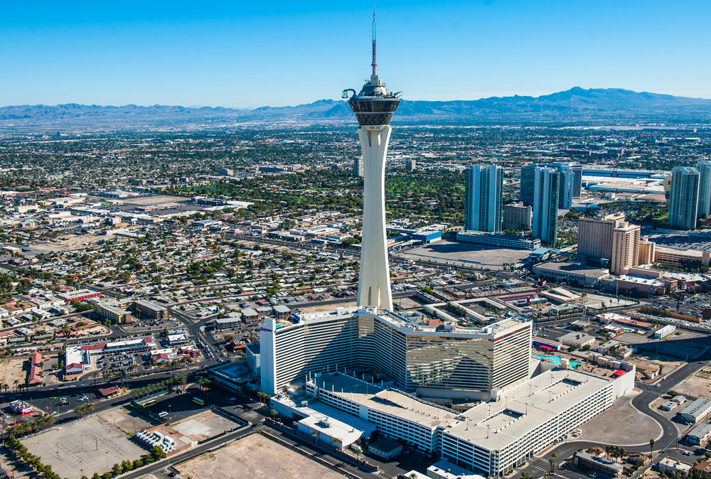 The STRAT tower in Las Vegas viewed from the air.