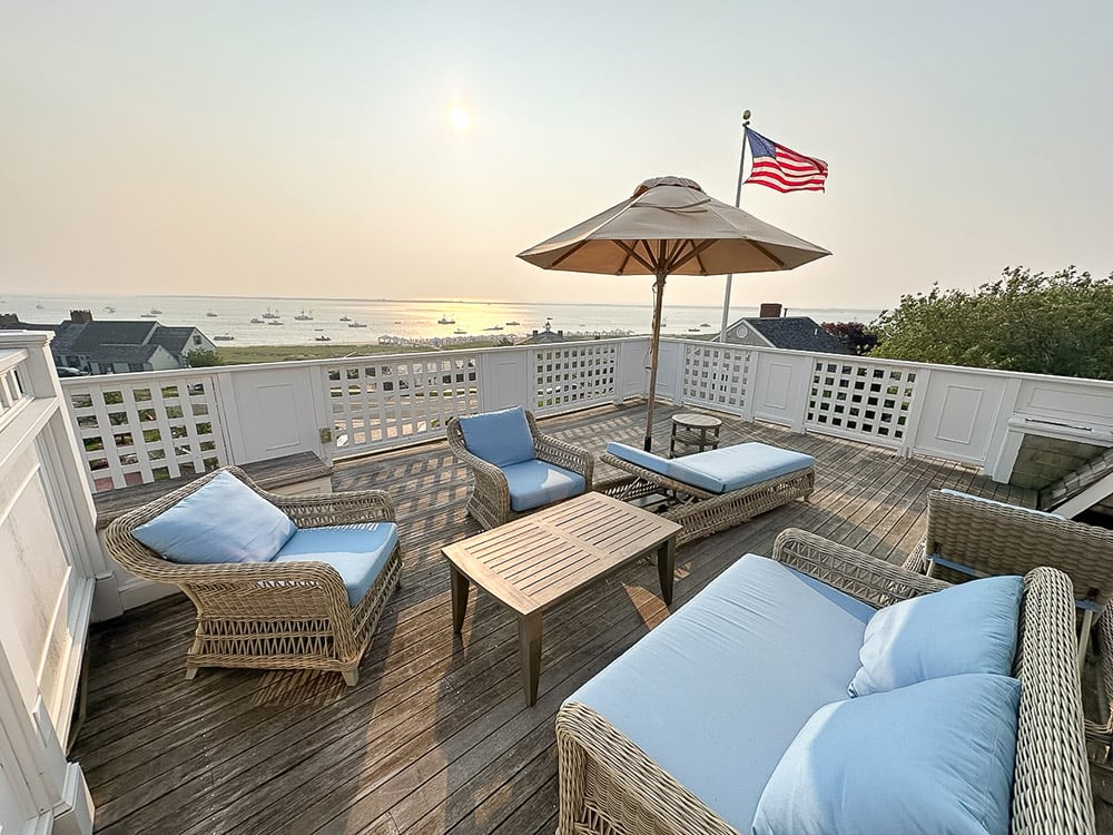 Balcony overlooking the bay at the Chatham Bars Inn Resort & Spa, Cape Cod, MA.