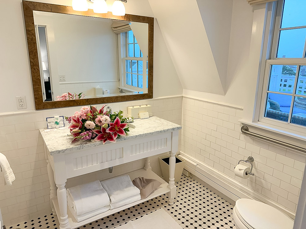 The bathroom of a room at the Chatham Bars Inn Resort & Spa, Cape Cod, MA.