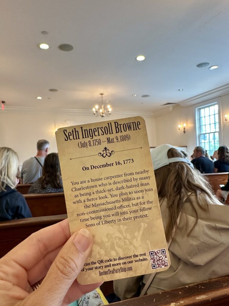 A character card for the Town Meeting at the Boston Tea Party Museum in Boston, Massachusetts.