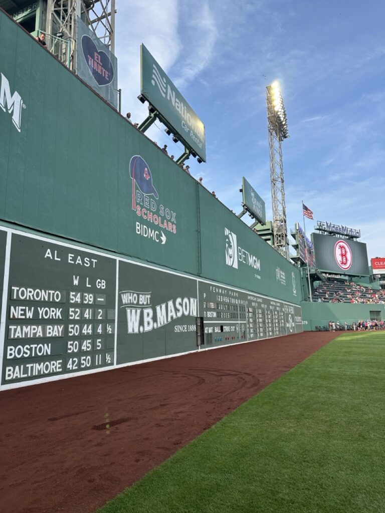The Green Monster left field wall at Fenway Park baseball park in Boston, Massachusetts.