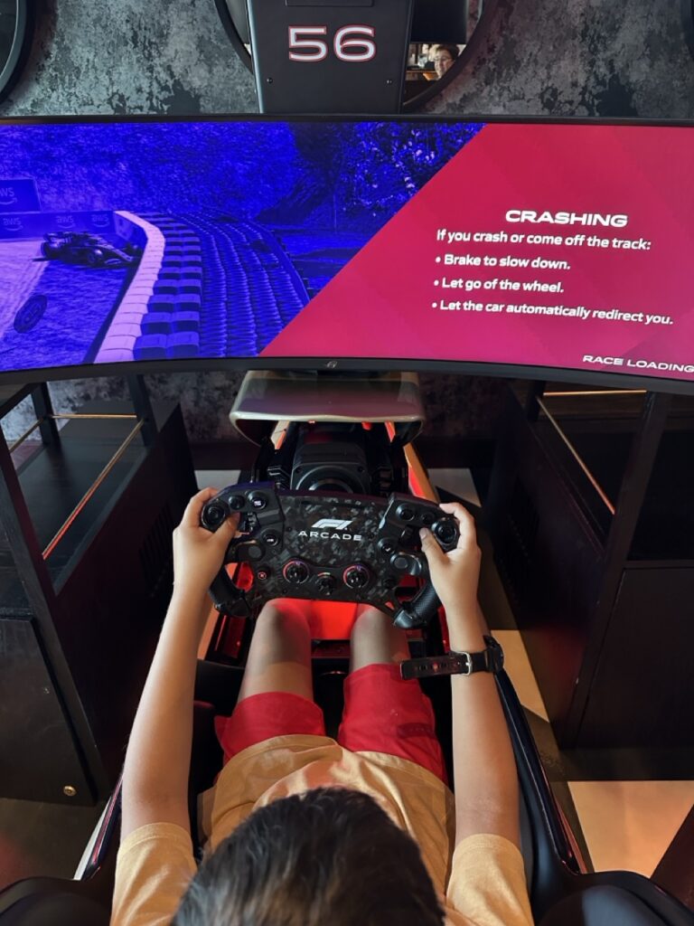 A racing game at F1 Arcade in Boston, Massachusetts.