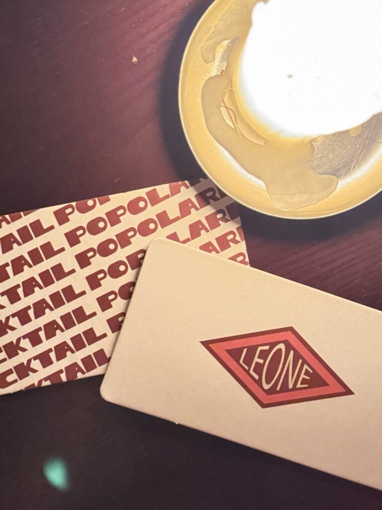Branded coasters at Bar Leone, Hong Kong.