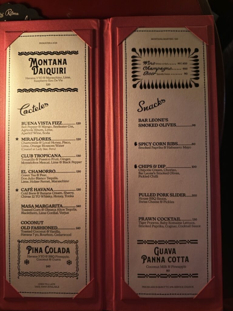 The cocktail and snacks menu at Bar Montana, Hong Kong.