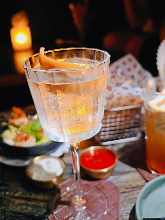 An elegant cocktail and food at Quinary bar, Hong Kong.
