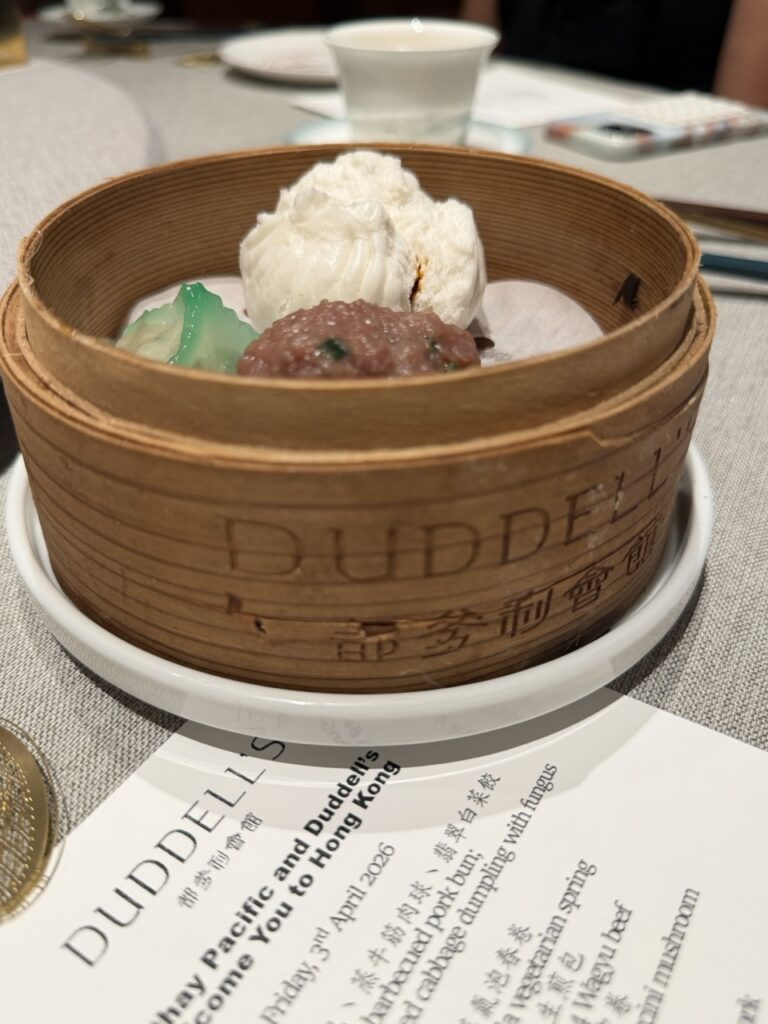 Gluten-free dumplings in a bamboo steamer at Duddell's restaurant, Hong Kong.
