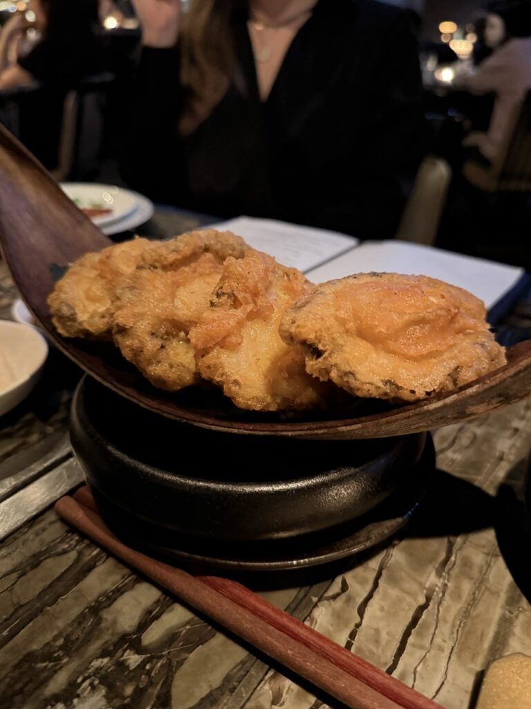 Fried abalone at Mott 32 restaurant, Hong Kong.