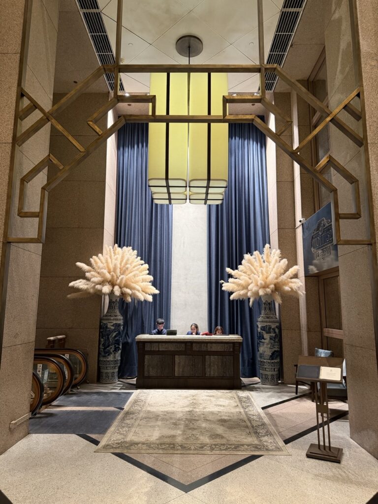 The elegant Art Deco style entrance at Mott 32 restaurant, Hong Kong.