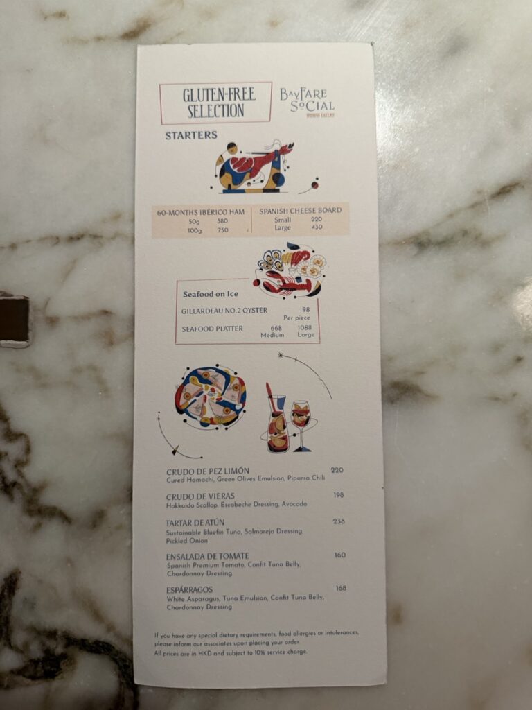 Gluten-free menu at Bayfare Social restaurant, Hong Kong.