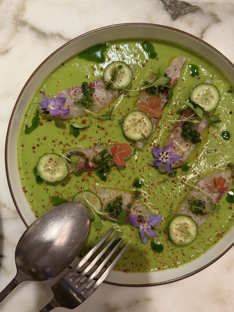 A colourful sea bass dish served at Bayfare Social restaurant, Hong Kong.