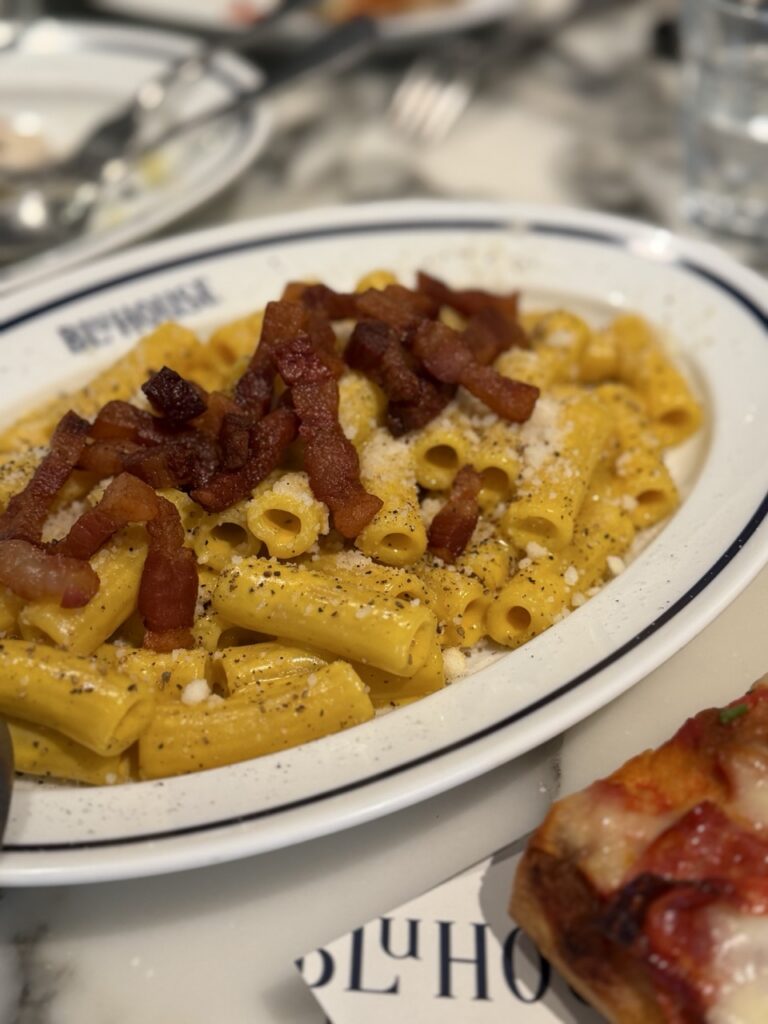 Pasta carbonara served at the BluHouse restaurant in the Rosewood hotel, Hong Kong.