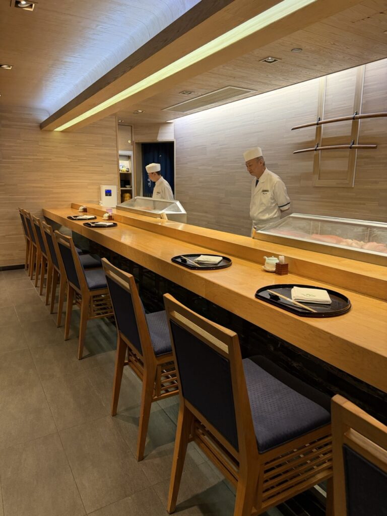 Seats at the sushi counter at the Sagano restaurant in the New World Millennium Hong Kong Hotel, Hong Kong.