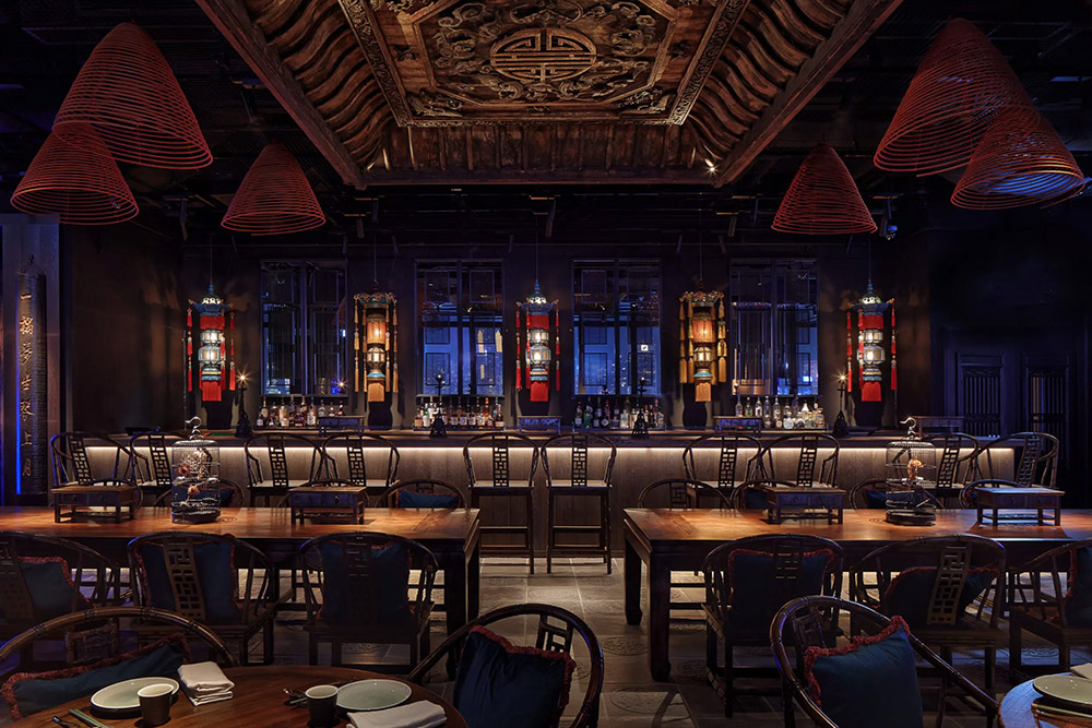 The dramatic bar at Hutong restaurant, Hong Kong.
